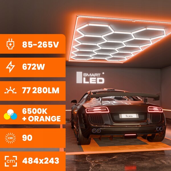 LED HEXAGON osvětlení do garáže 672 W, 484 × 243 cm, studená bílá, IP54