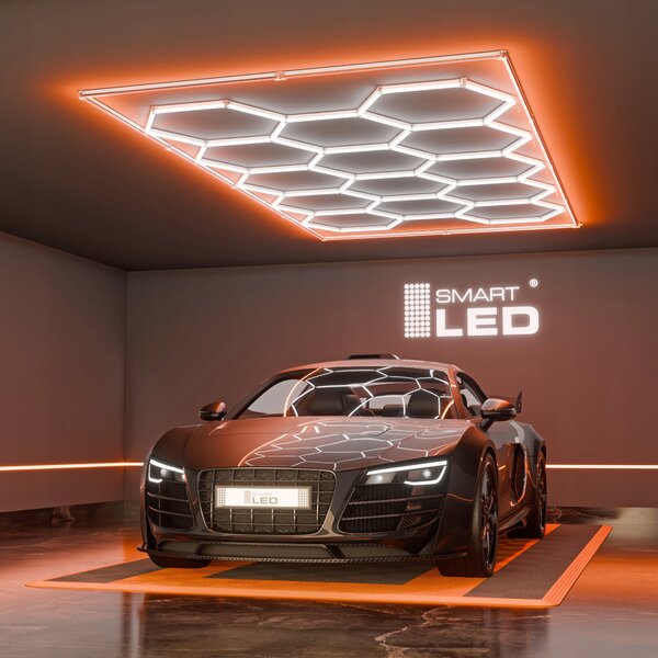 LED HEXAGON osvětlení do garáže 672 W, 484 × 243 cm, studená bílá, IP54