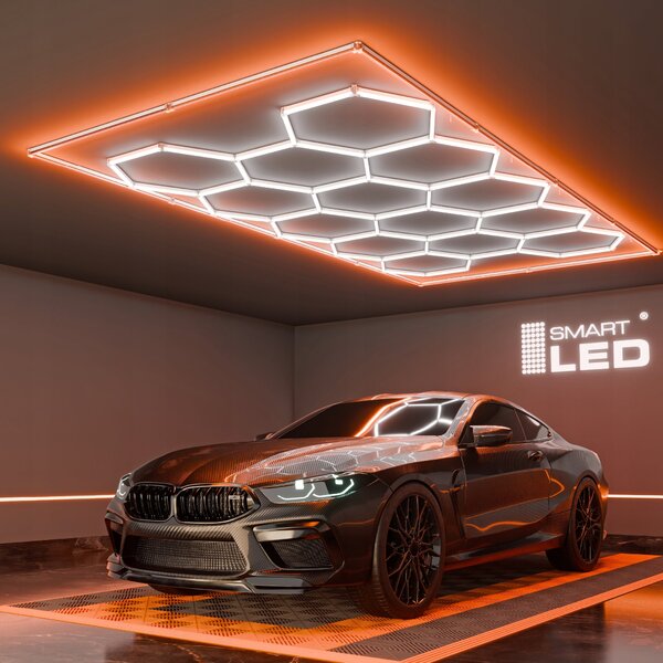 LED HEXAGON osvětlení do garáže 672 W, 484 × 243 cm, studená bílá, IP54