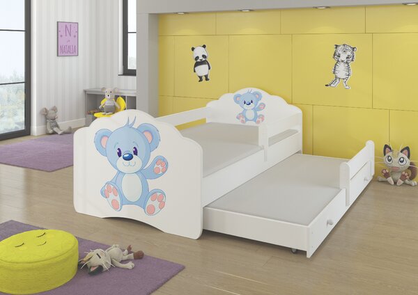 ADRK Rozkládací postel CASIMO II BLUE BEAR, CH-Cas-II-Bar-Blu-E116, 160x80 cm se zábradlím a matrací, bílá/grafika