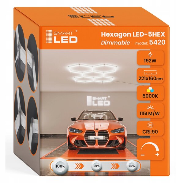 LED HEXAGON osvětlení do garáže 192 W, 221 × 160 cm, stmívatelné, neutrální bílá, IP54