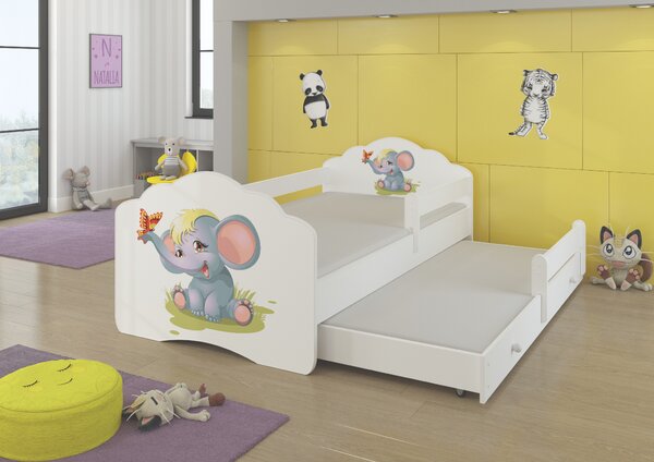 ADRK Rozkládací postel CASIMO II ELEPHANT, CH-Cas-II-Bar-Ele-E104, 160x80 cm se zábradlím a matrací, bílá/grafika
