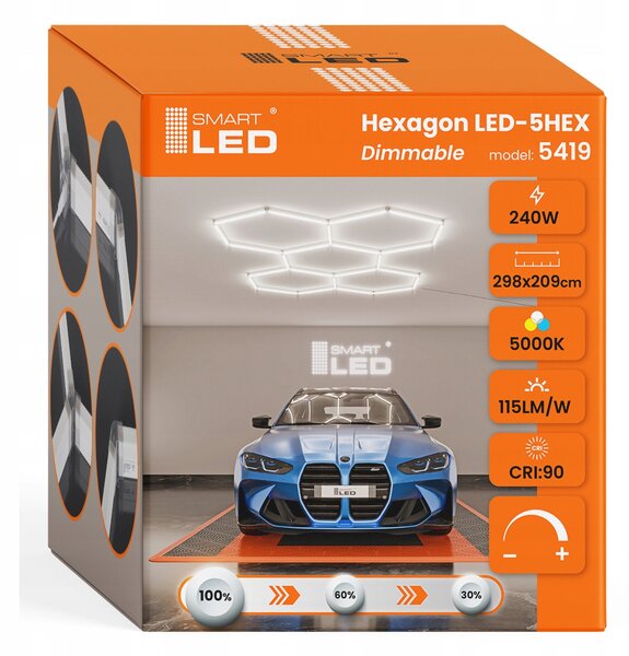 LED HEXAGON osvětlení do garáže 240 W, 298 × 209 cm, stmívatelné, neutrální bílá, IP54