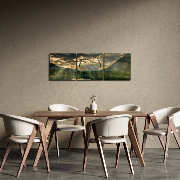 Obraz jezera s průsvitajícím sluncem (s hodinami) (90x30 cm)