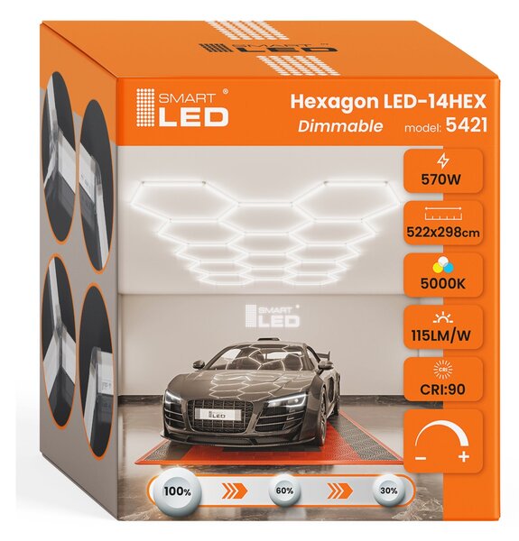 LED HEXAGON osvětlení do garáže 570 W, 522 × 298 cm, stmívatelné, neutrální bílá, IP54