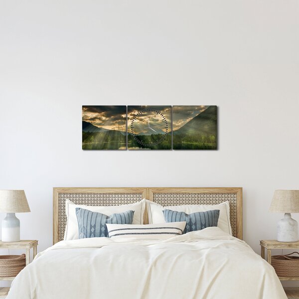 Obraz jezera s průsvitajícím sluncem (s hodinami) (90x30 cm)