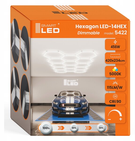 LED HEXAGON osvětlení do garáže 496 W, 420 × 234 cm, stmívatelné, neutrální bílá, IP54