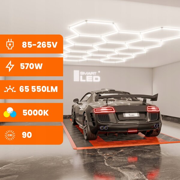 LED HEXAGON osvětlení do garáže 570 W, 522 × 298 cm, stmívatelné, neutrální bílá, IP54