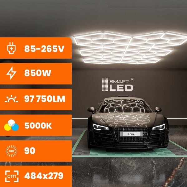 LED HEXAGON osvětlení do garáže 850 W, 484 × 279 cm, 5000 K, IP54