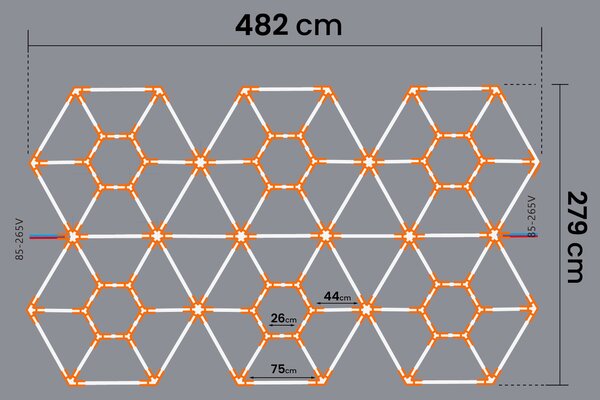 LED HEXAGON osvětlení do garáže 850 W, 484 × 279 cm, 5000 K, IP54