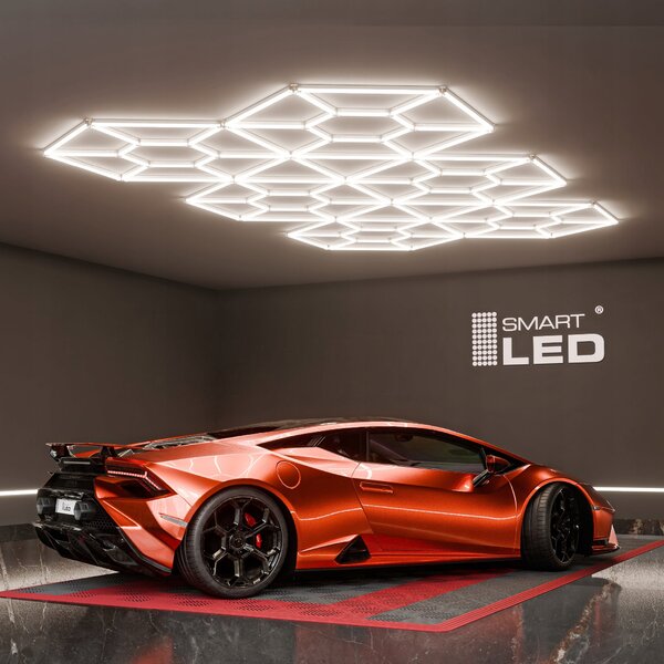 LED HEXAGON osvětlení do garáže 850 W, 484 × 279 cm, 5000 K, IP54