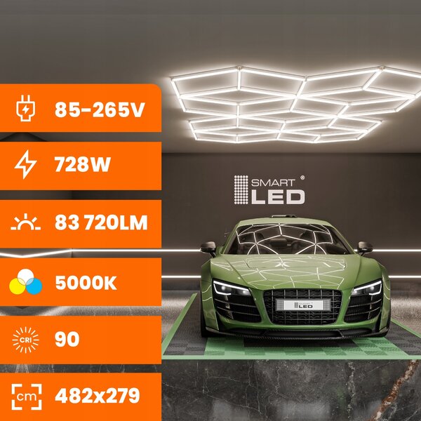 LED HEXAGON osvětlení do garáže 728 W, 482 × 279 cm, neutrální bílá, IP54