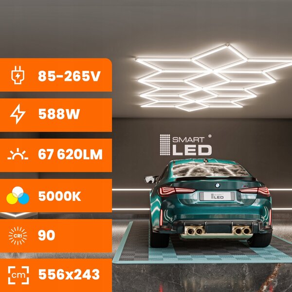 LED HEXAGON osvětlení do garáže 588 W, 556 × 243 cm, neutrální bílá, IP54
