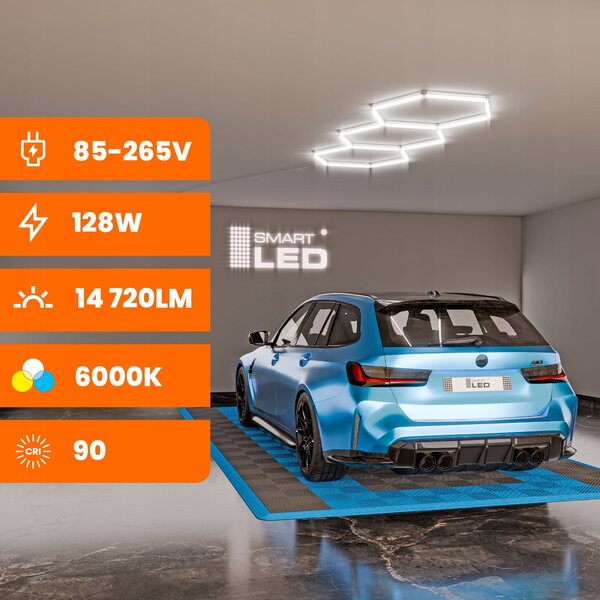 LED HEXAGON osvětlení do garáže 128 W, 248 × 97 cm, studená bílá, IP54