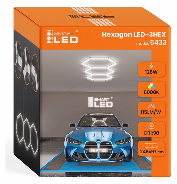 LED HEXAGON osvětlení do garáže 128 W, 248 × 97 cm, studená bílá, IP54