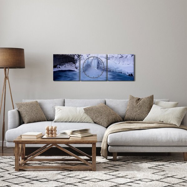 Obraz vodopádu v zimě (s hodinami) (90x30 cm)