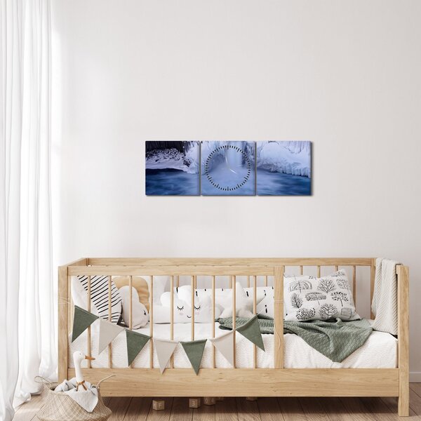 Obraz vodopádu v zimě (s hodinami) (90x30 cm)