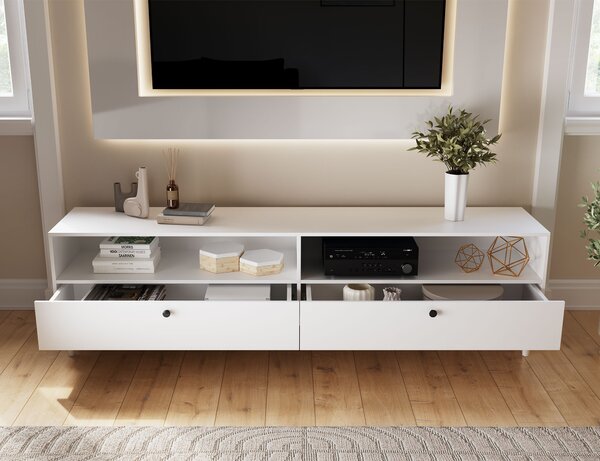 TV stolek s policí a skříňkami DULLUM 200x58cm, bílý