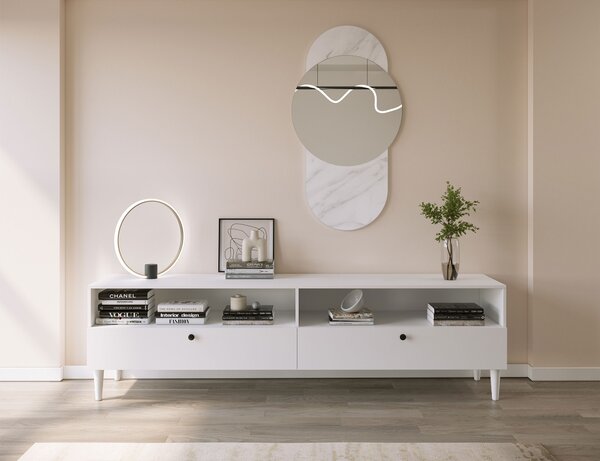 TV stolek s policí a skříňkami DULLUM 200x58cm, bílý