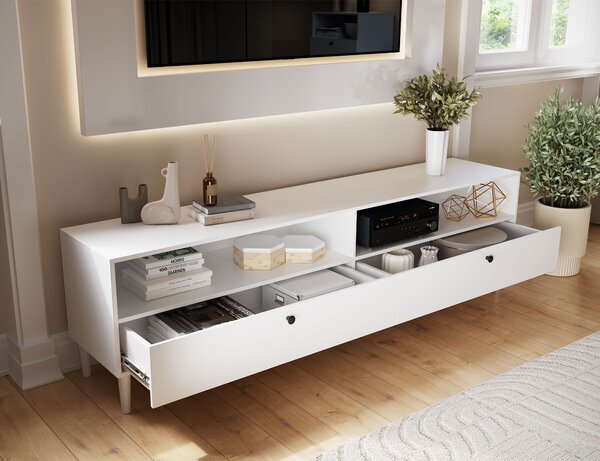TV stolek s policí a skříňkami DULLUM 200x58cm, bílý