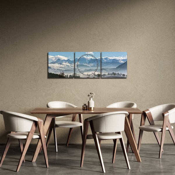 Obraz zasněžených hor (s hodinami) (90x30 cm)