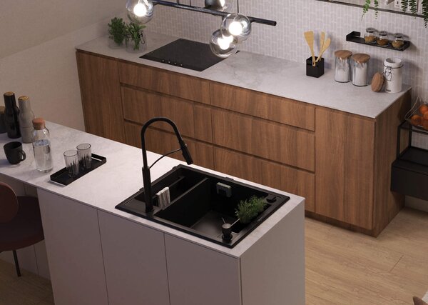 Deante Magnetic, granitový dřez na desku 690x500x219 mm, 3,5" + prostorově úsporný sifon, 1,5-komorový, černá, ZRM_N503