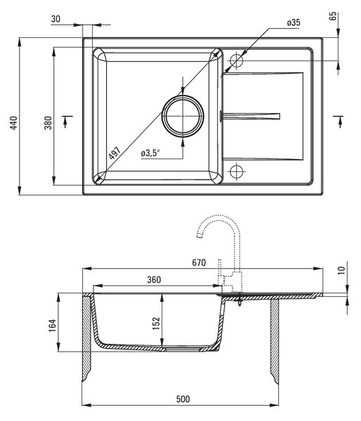 Deante Leda, granitový dřez na desku 670x440x164 mm Z/O, 3,5" + sifon, 1-komorový, béžová, ZRD_5113