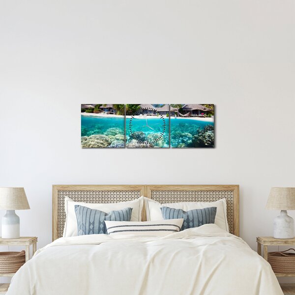 Obraz pláže na tropickém ostrově (s hodinami) (90x30 cm)