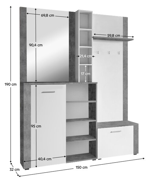 KONDELA Předsíňová sestava, bílá/beton, FANDU