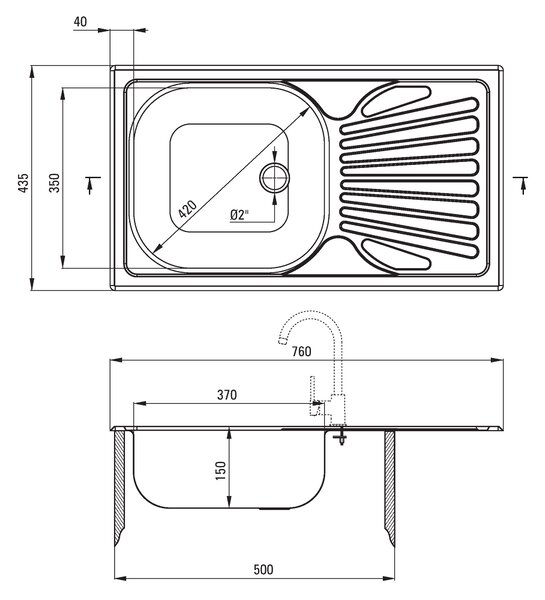 Deante Techno, nerezový dřez na desku 1-komorový Z/O 760x435x150 2" + sifon, vzor dekor, ZMU_3110