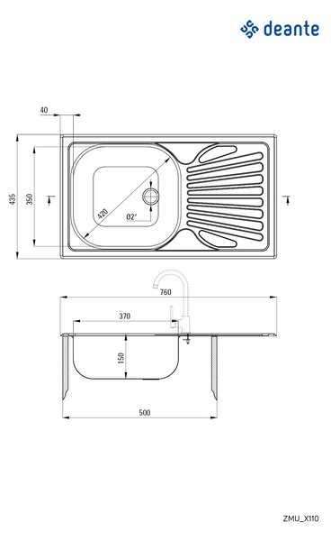 Deante Techno, nerezový dřez na desku 1-komorový Z/O 760x435x150 2" + sifon, vzor satyna, ZMU_0110