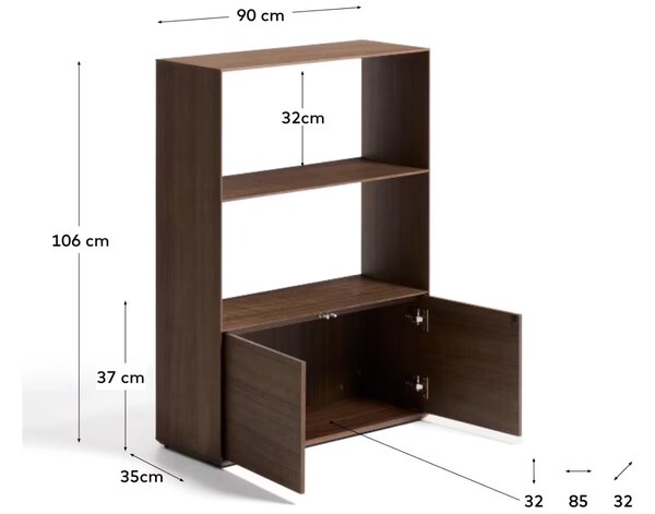 Kave Home Ořechová knihovna Visala 106 x 90 cm se dvěma policemi