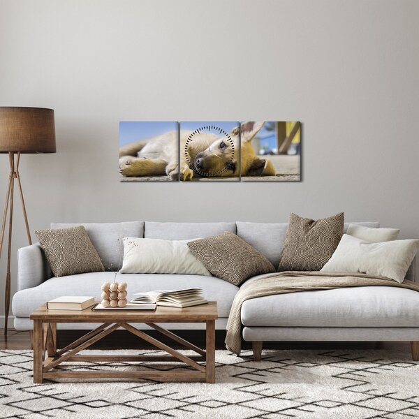 Obraz ležícího štěněte (s hodinami) (90x30 cm)