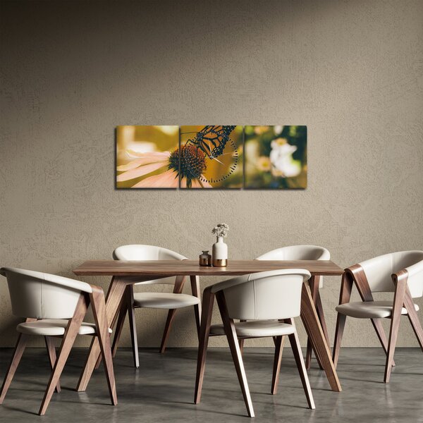 Obraz motýla na květině (s hodinami) (90x30 cm)