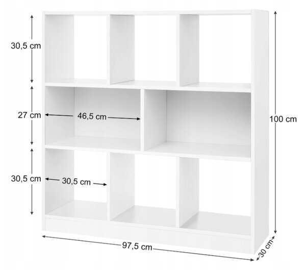 Bílá knihovna s přihrádkami 97,5×30×100 cm