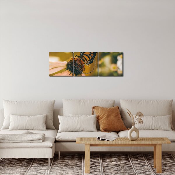 Obraz motýla na květině (s hodinami) (90x30 cm)