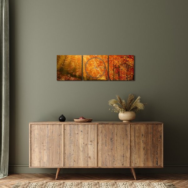 Obraz podzimního lesa (s hodinami) (90x30 cm)