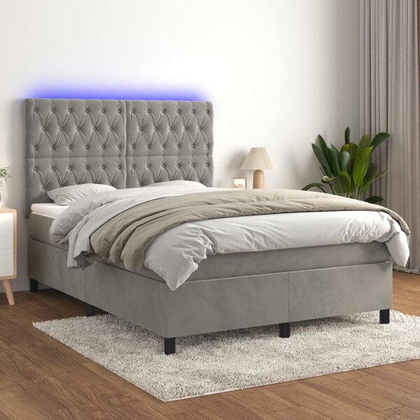 Box spring postel s matrací a LED světle šedá 140x190 cm samet 3136299