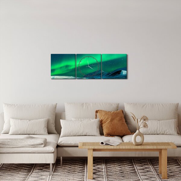 Obraz lidí u polární záře (s hodinami) (90x30 cm)