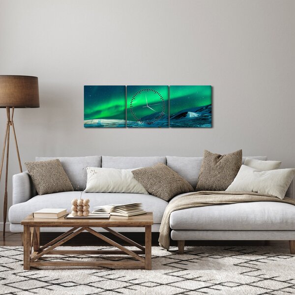 Obraz lidí u polární záře (s hodinami) (90x30 cm)