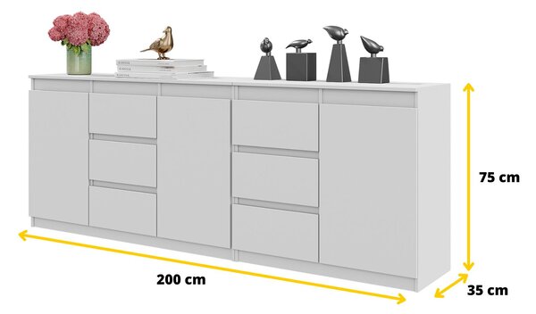 Komoda MIKEL Bílá Mat - Velká Komoda se 6 Zásuvkami a 3 Dvířky, Sestava Komod Š200 x V75 x H35 cm