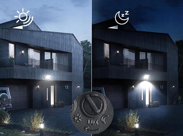 Solární LED reflektor 30 W, IP65, úhel 120°, 16 × 12 × 3 cm