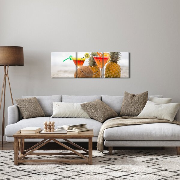 Obraz ananasů a sklenic na pláži (s hodinami) (90x30 cm)