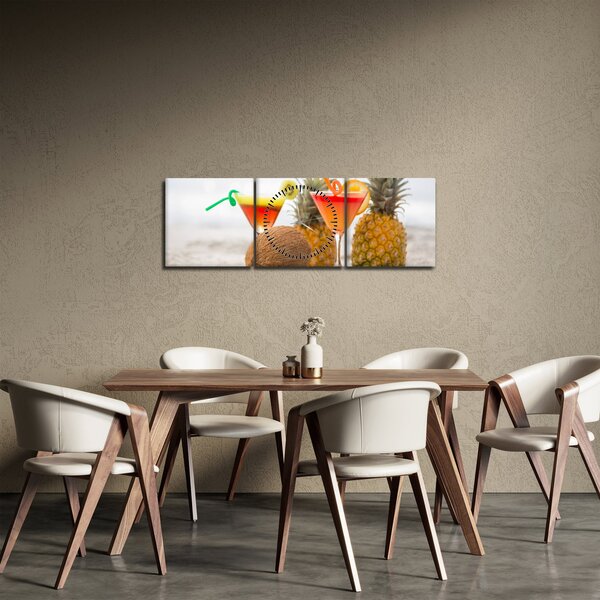 Obraz ananasů a sklenic na pláži (s hodinami) (90x30 cm)