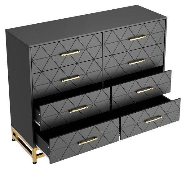 Komoda se zásuvkami, boční skříňka, univerzální, prostorná, barva černá, materiál: dřevotřísková deska (MDF/lamino), stabilní kovový rám