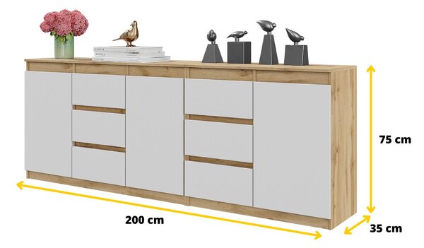 Komoda MIKEL Dub Wotan / Bílá Mat - Velká Komoda se 6 Zásuvkami a 3 Dvířky, Sestava Komod Š200 x V75 x H35 cm