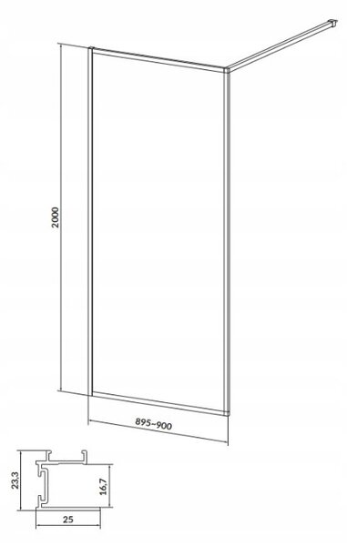Cersanit Larga, Walk-In sprchová zástěna 90x200 cm, 8mm průhledné sklo, černý profil, S932-138