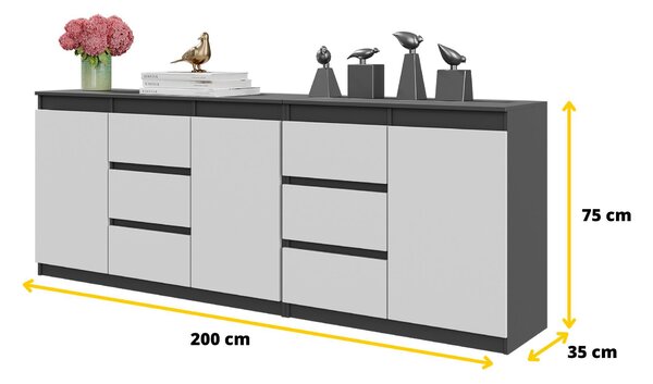 Komoda MIKEL Antracit / Bílá Mat - Velká Komoda se 6 Zásuvkami a 3 Dvířky, Sestava Komod Š200 x V75 x H35 cm