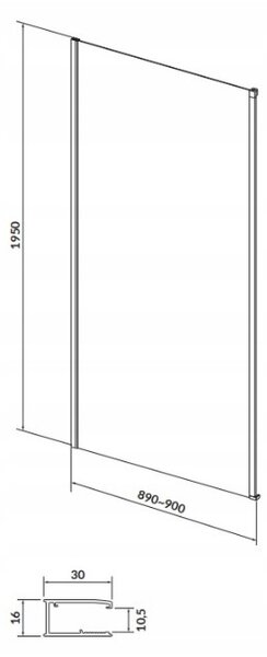 Cersanit LARGA, boční stěna ke sprchovým koutem 90x195cm, 6mm čiré sklo, černý profil, S932-134
