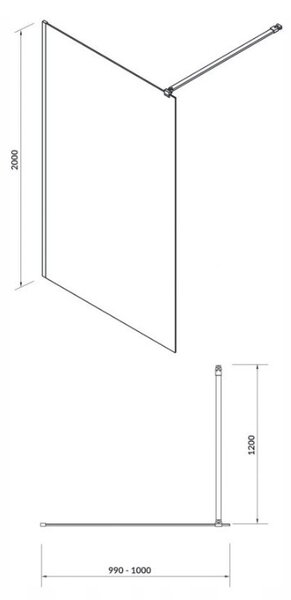 Cersanit Mille, sprchová zástěna typu Walk-In 100x200 cm, 8mm čiré sklo, černý profil, S161-003